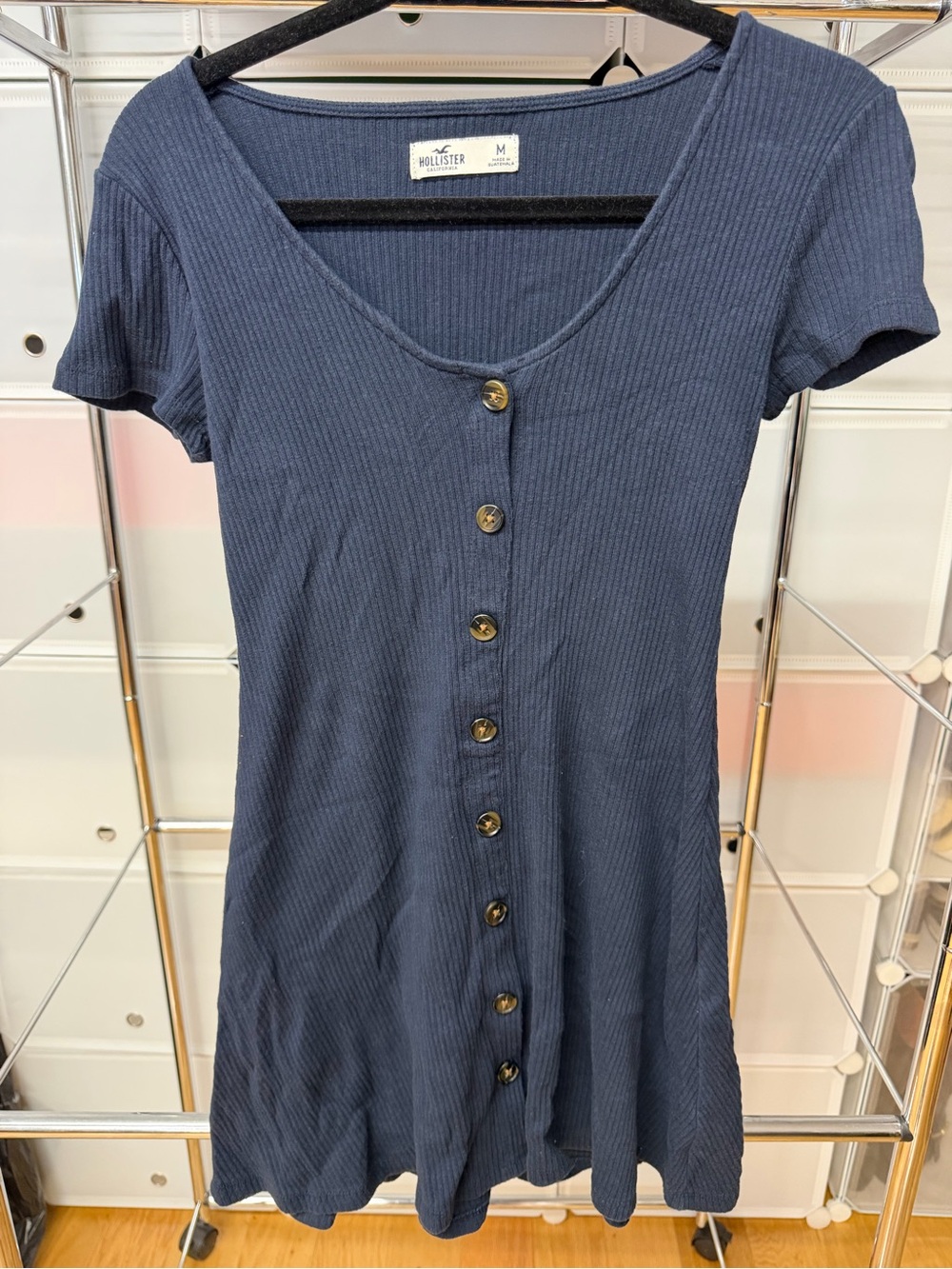 Hollister Navy Button Front Ribbed Mini Dress
